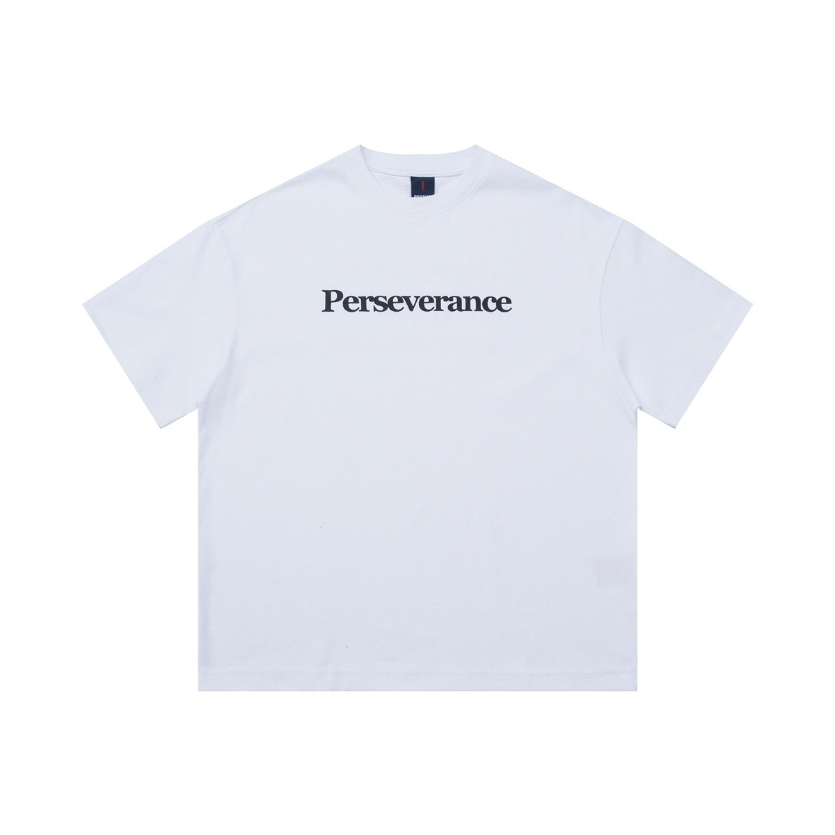 White short-sleeve crew neck T-shirt flat lay with navy "Perseverance" serif print across the chest