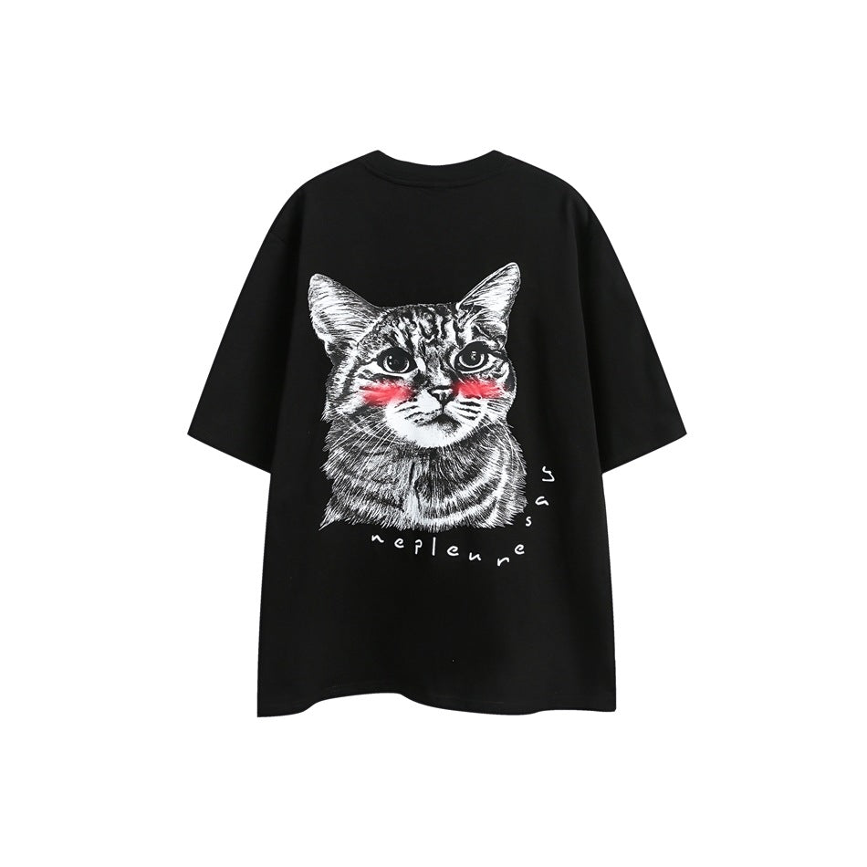 Black short-sleeve crew-neck T-shirt, back view with a cat face graphic and red cheek accents