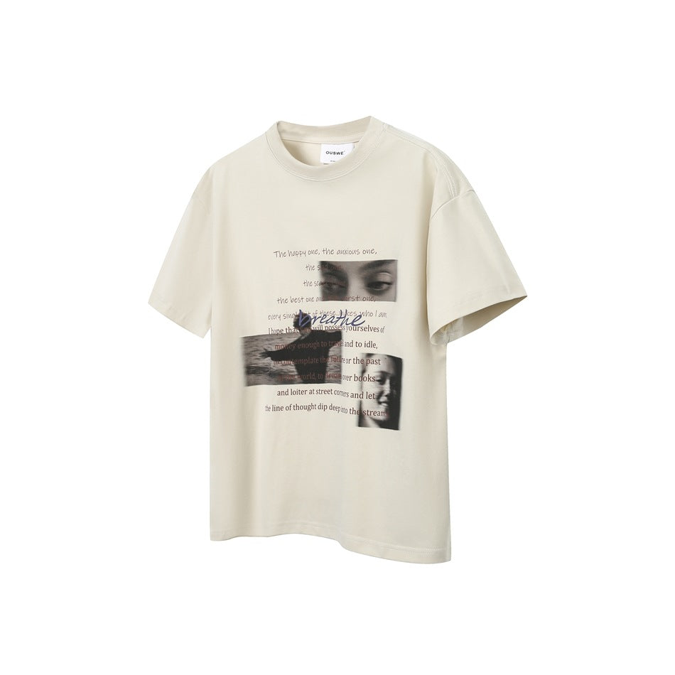 Light khaki short-sleeve crew-neck T-shirt with script text and three grayscale photo panels printed on the chest