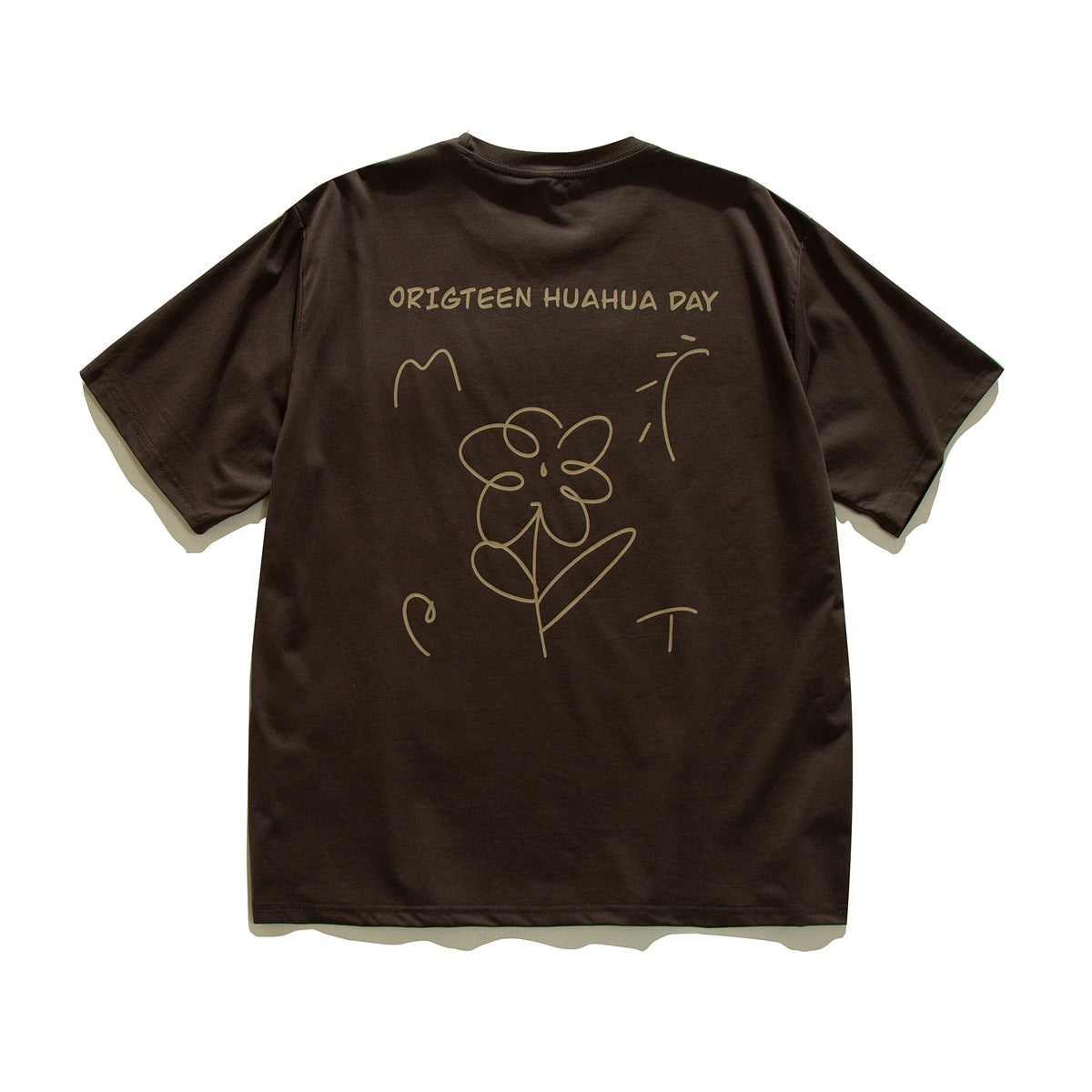 Dark brown short-sleeve T-shirt back with tan line-art flower print and 'ORIGTEEN HUAHUA DAY' lettering