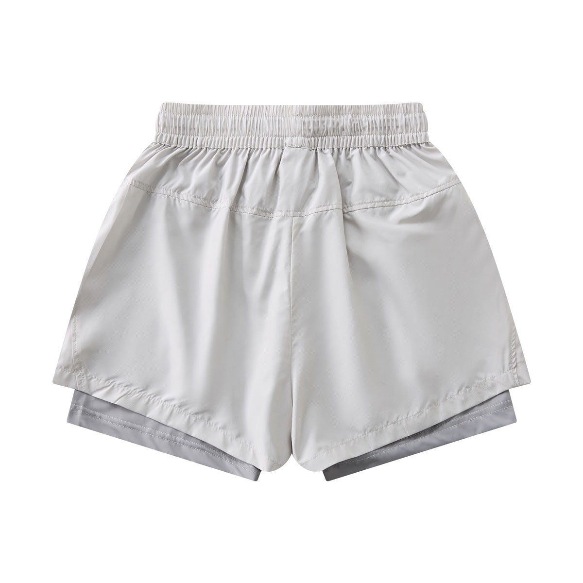 Back view of light gray two-layer shorts with elastic waistband, yoke seam and gray inner layer visible at hem