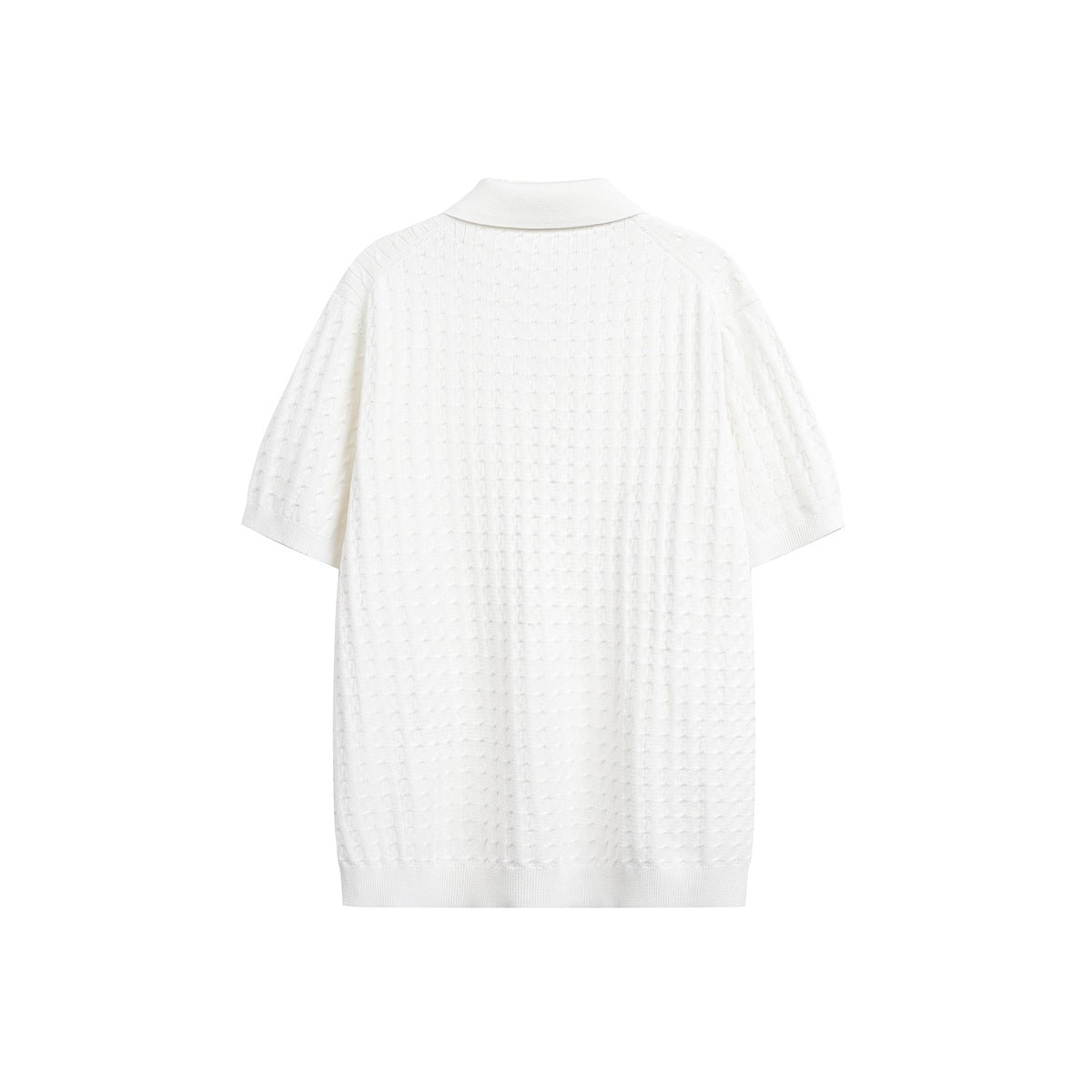 Back of a white short-sleeve knit polo shown flat against a plain white background.