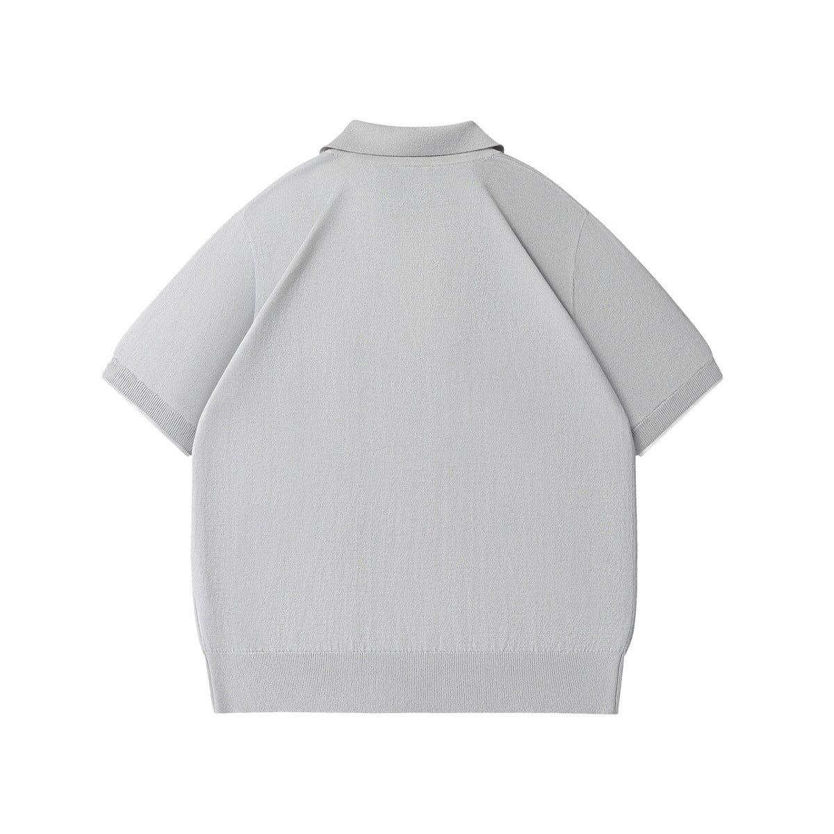 Back view of a light gray short-sleeve knit polo shirt with a collar and ribbed cuffs and hem.