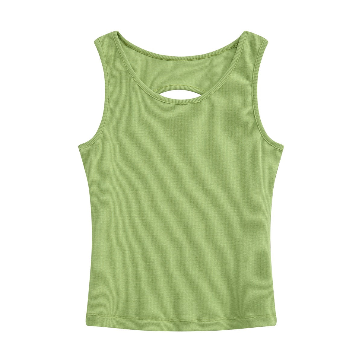 Front view of a light green ribbed sleeveless tank top with a scoop neck and small oval cutout.
