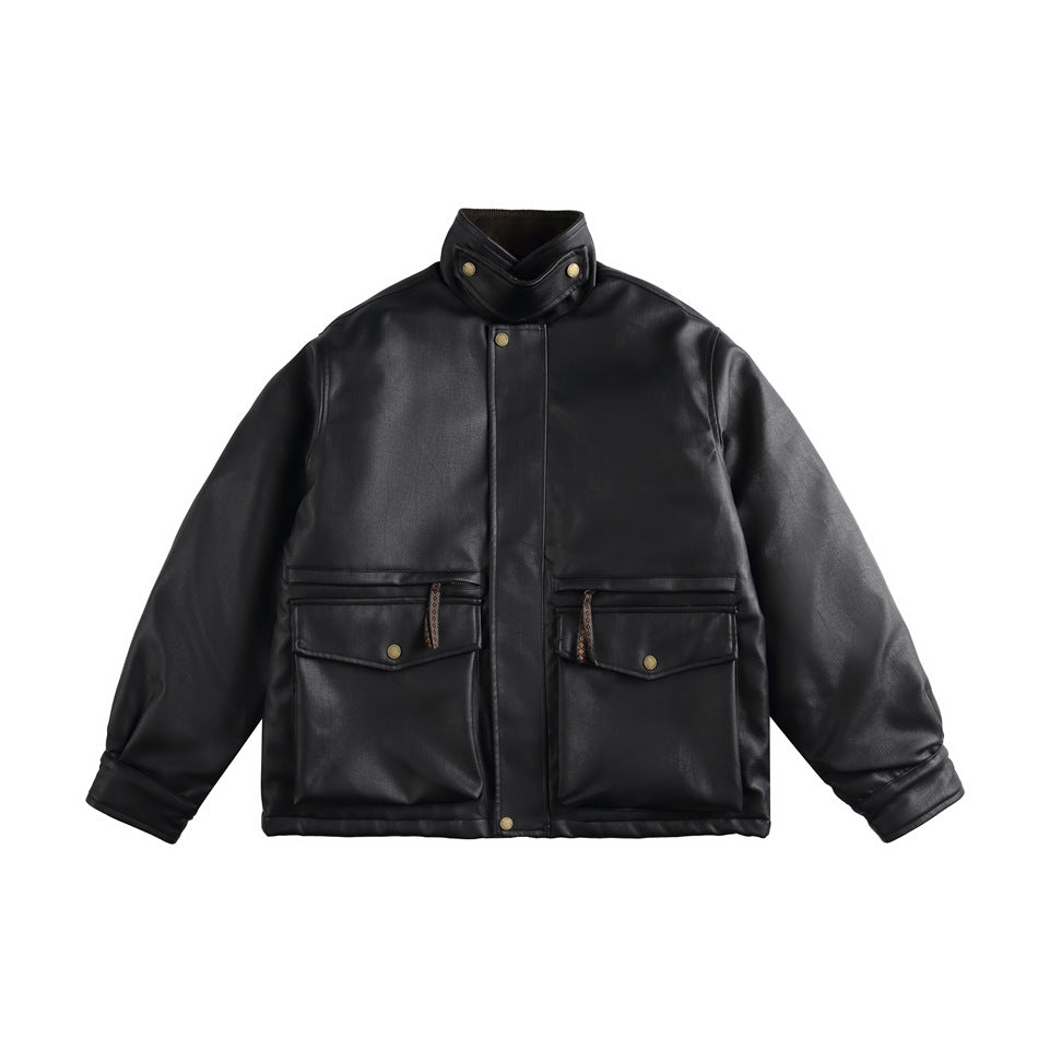 Black faux-leather stand-collar jacket with front zip placket and two large snap flap pockets, flat lay front view