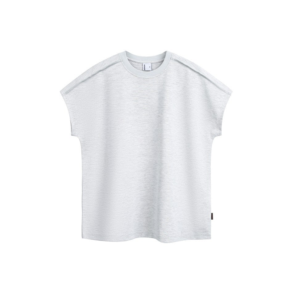 Light heather gray cap-sleeve crew-neck tee, front view, with shoulder seam detail and small brown side tag