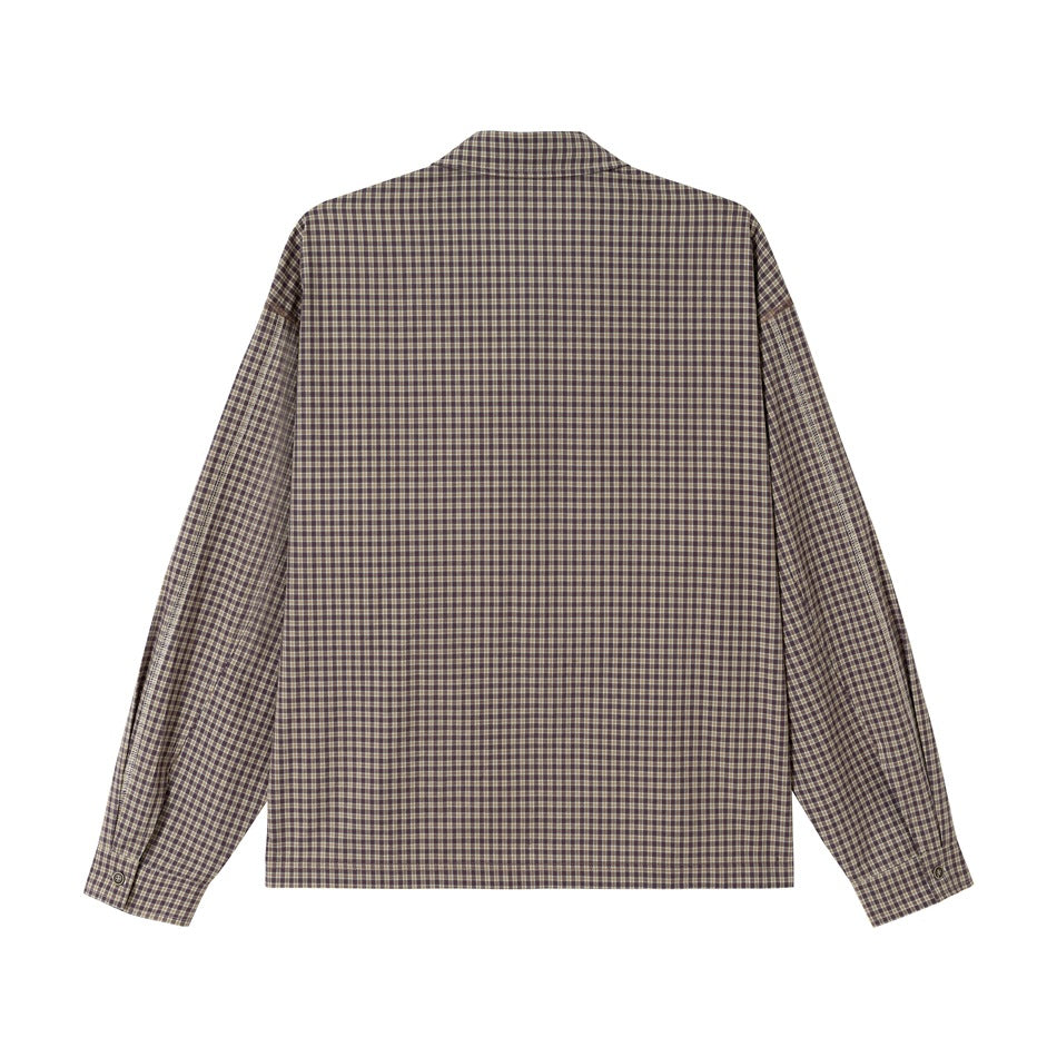 Back view of a long-sleeved shirt in a small brown, cream, and muted blue plaid pattern.