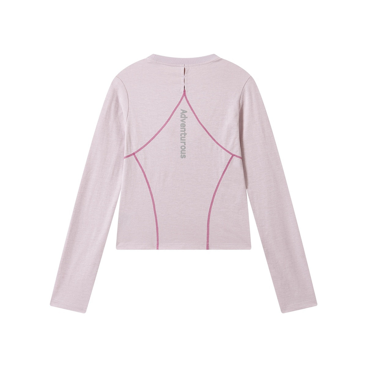 Light pink long-sleeve top, back view, with magenta panel seams and vertical gray Adventurous print