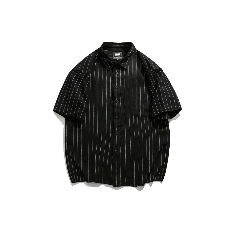 Black short-sleeve button-front shirt with thin white vertical stripes and chest pocket, flat lay