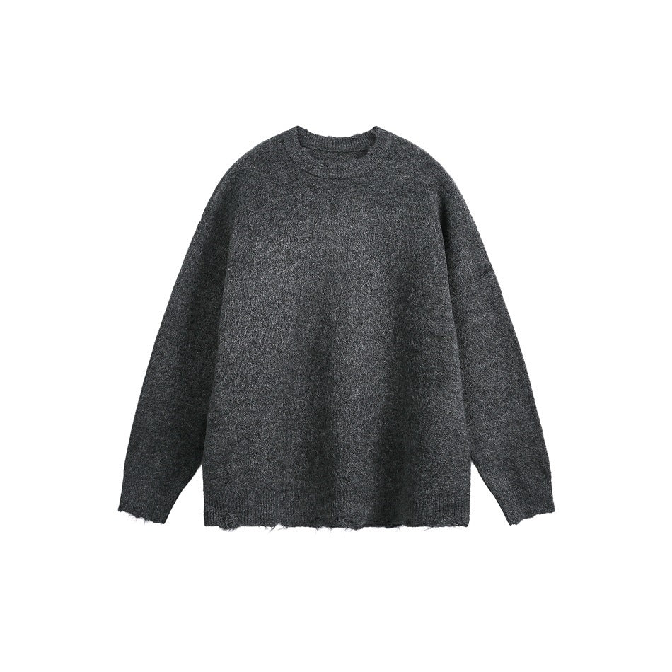 Dark gray fuzzy knit crew-neck sweater with frayed hem and drop shoulders, flat front view