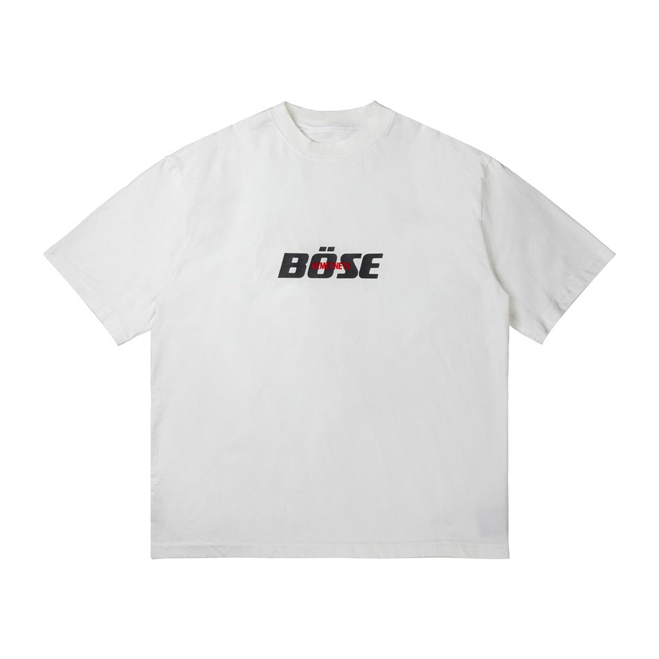 White short-sleeve crew-neck T-shirt with a dark BÖSE chest graphic, flat front view