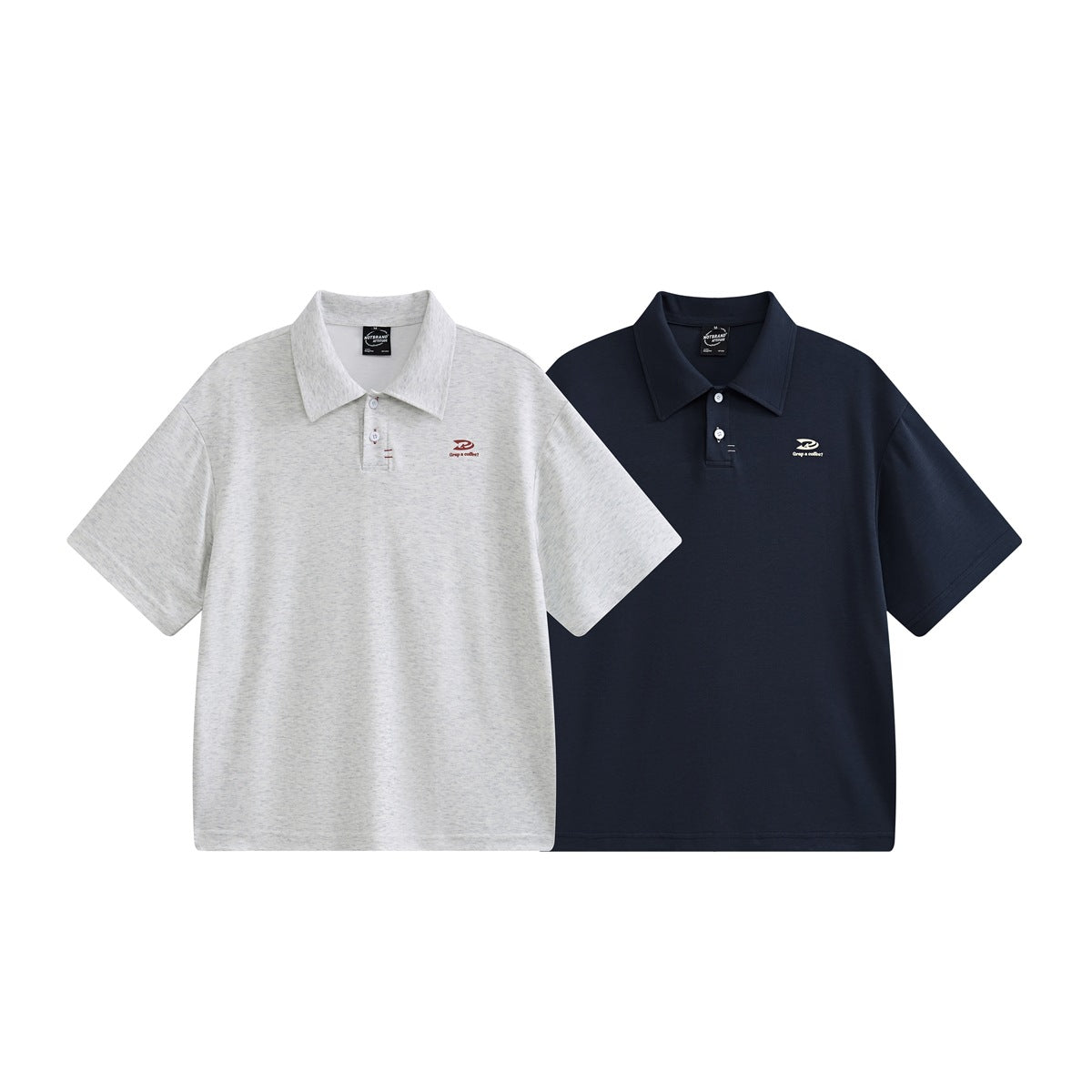 Two short-sleeve polo shirts shown from the front in light gray heather and dark navy, each with a small chest logo.