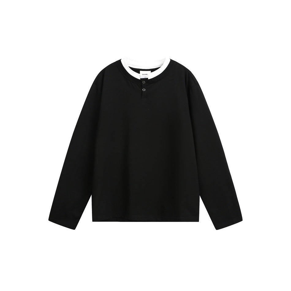 Black long-sleeve henley top with white layered collar and two metal snap buttons, flat front view