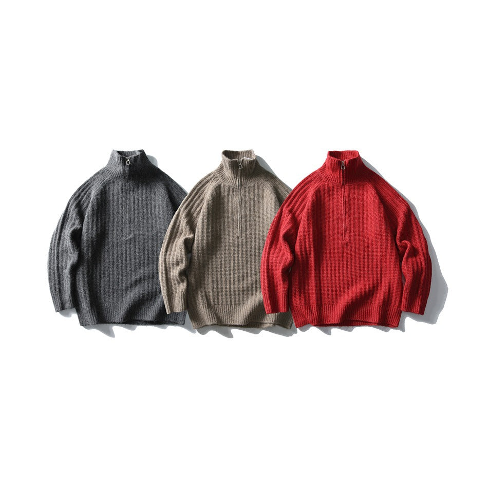 Three rib-knit quarter-zip sweaters shown from the front in charcoal gray, taupe, and red.