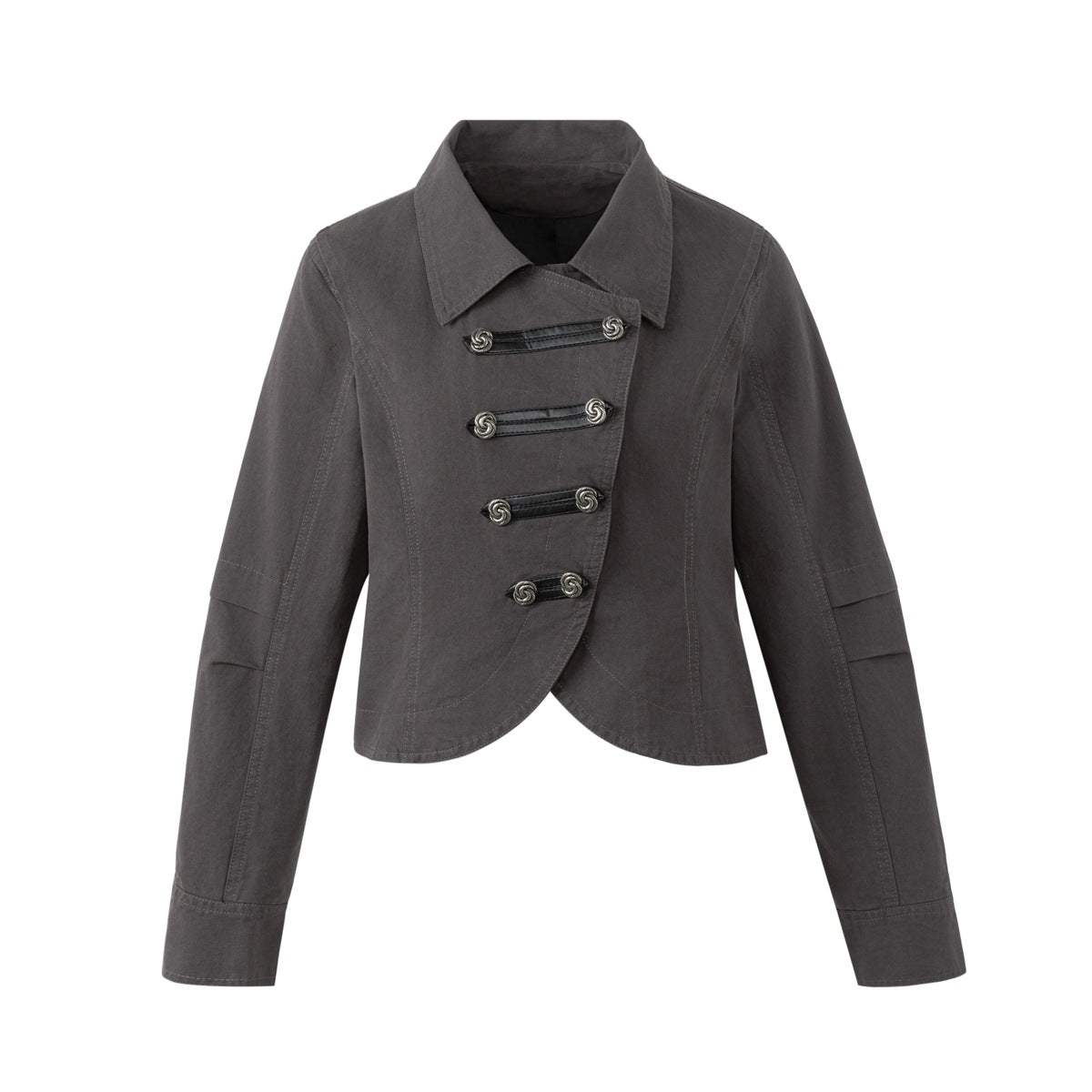 Dark gray cropped double-breasted jacket with collar, black loop trims and silver swirl buttons, flat front view