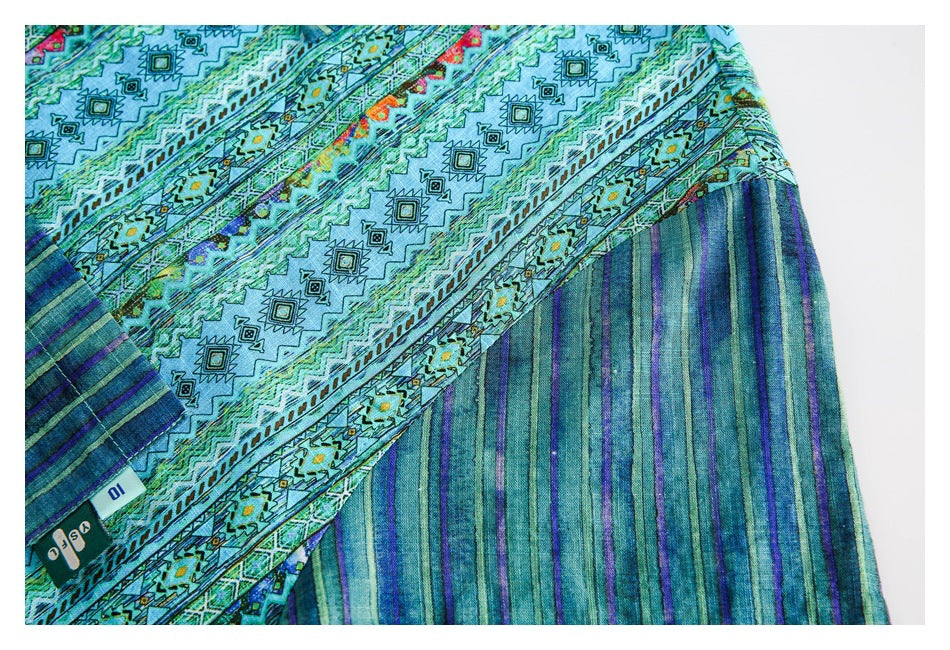 Close-up of the shirt sleeve and contrasting blue-green striped and geometric patterned panels.