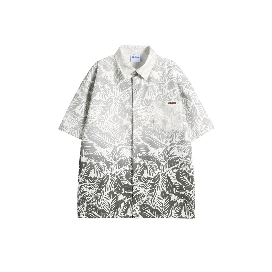 Short-sleeve button-up shirt with gray leaf print fading from light to dark gray, flat front view