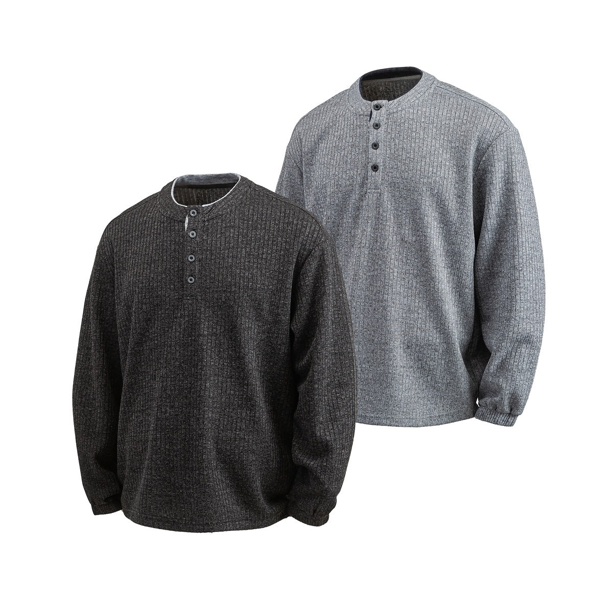Two long-sleeve ribbed henley shirts shown in charcoal and gray, with band collars and button plackets.