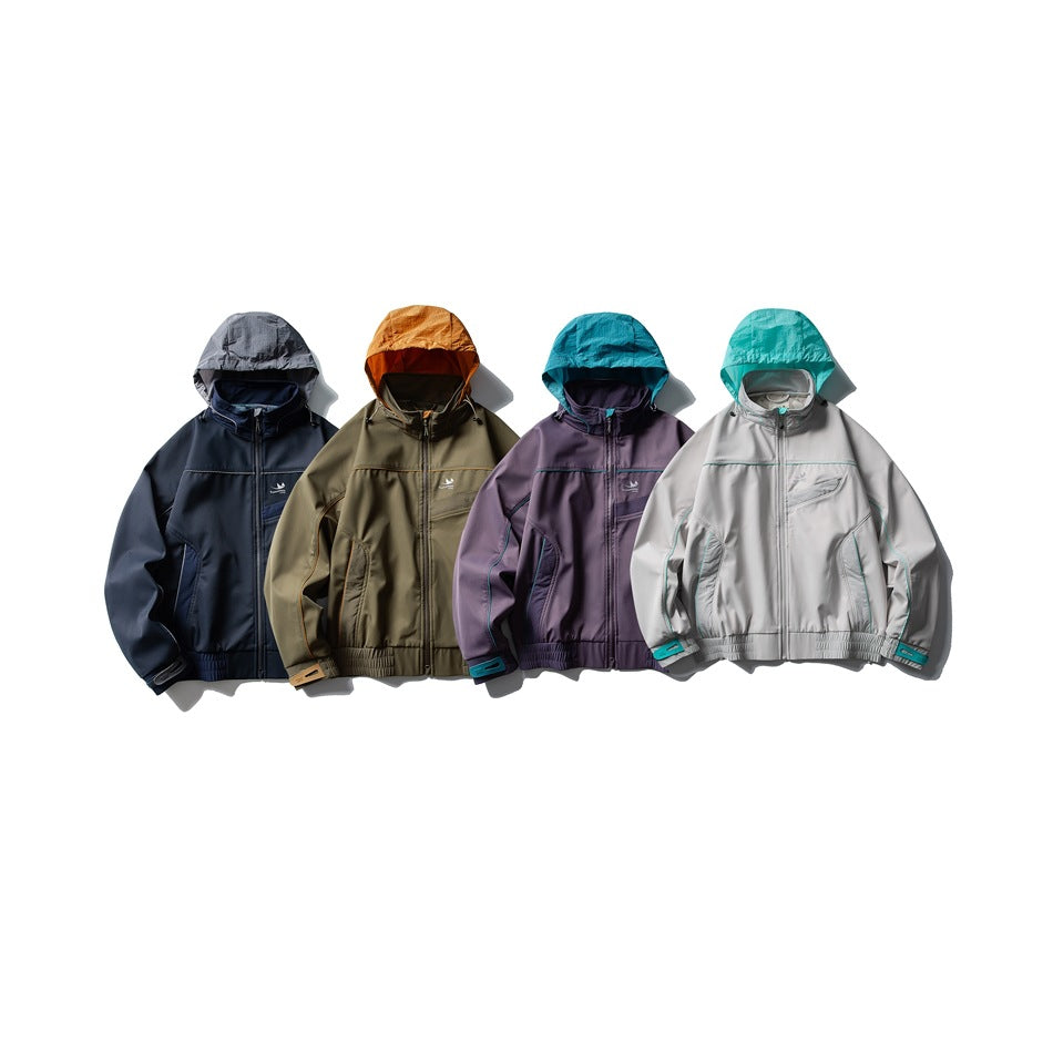 Four hooded zip jackets shown together in navy, olive, purple, and light gray with teal accents.