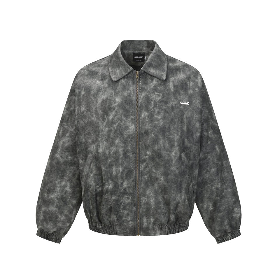 Gray mottled zip-front collared jacket with elastic cuffs and hem, flat front view