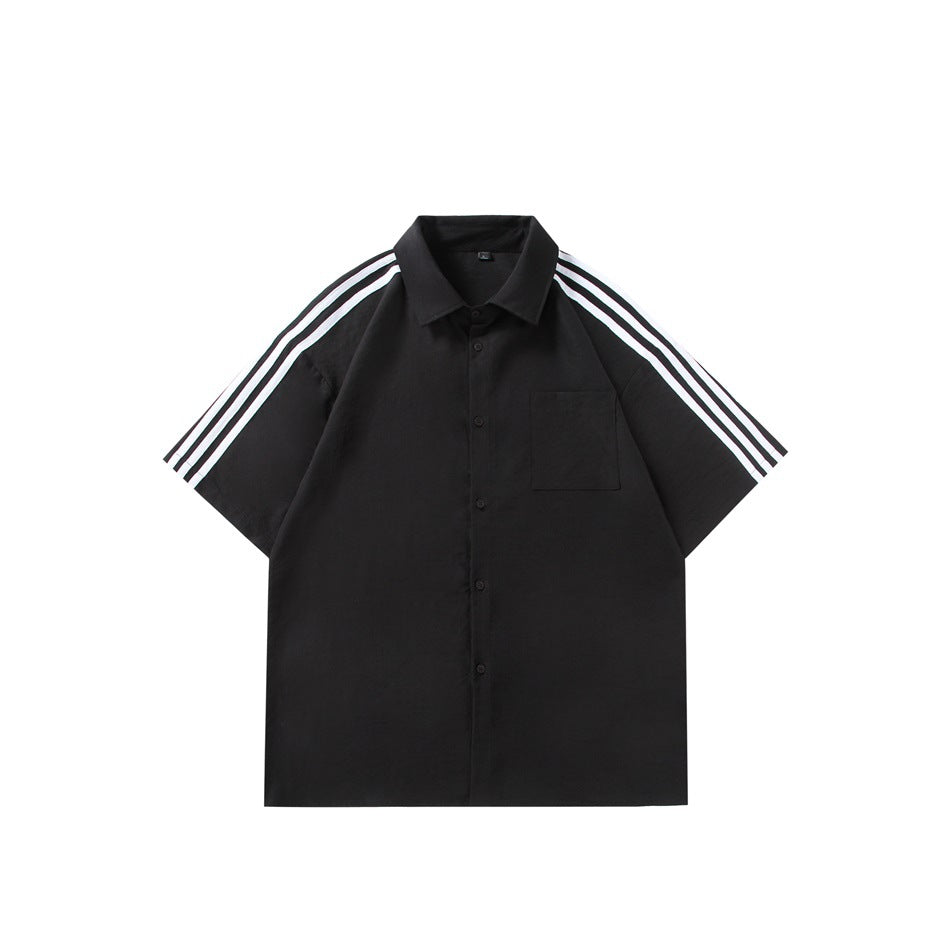 Black short-sleeve button-up shirt with white triple stripes on the shoulders and sleeves and a chest pocket