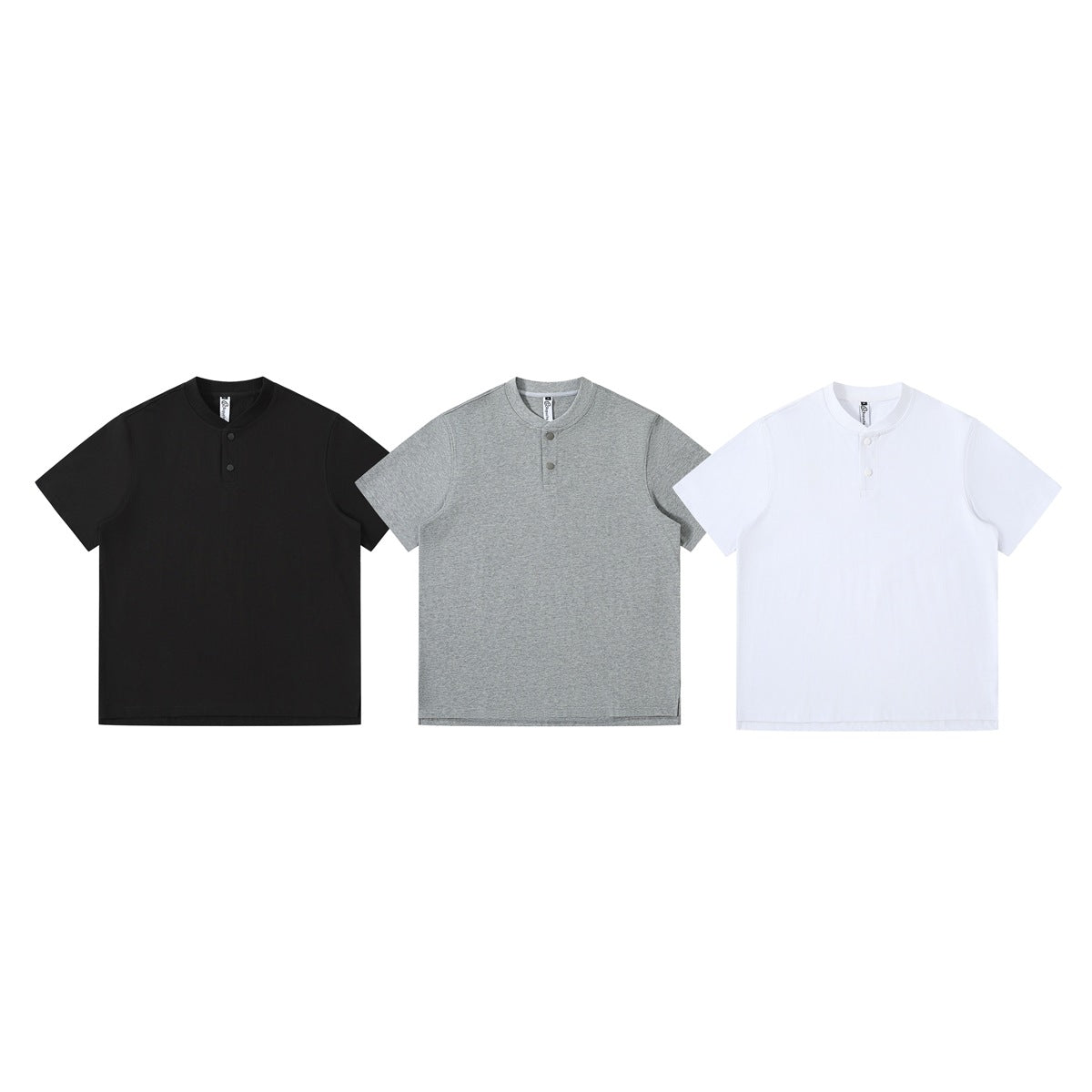 Three short-sleeve T-shirts with button plackets shown from the front in black, heather gray, and white.