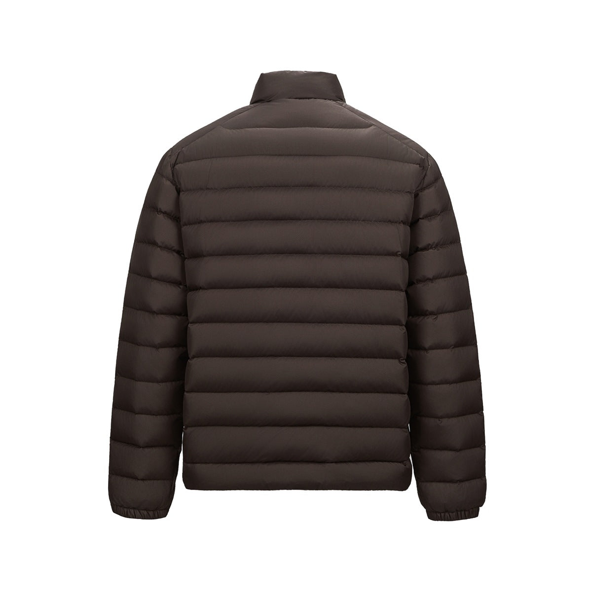 Back view of a dark brown quilted jacket with a stand collar and long sleeves.