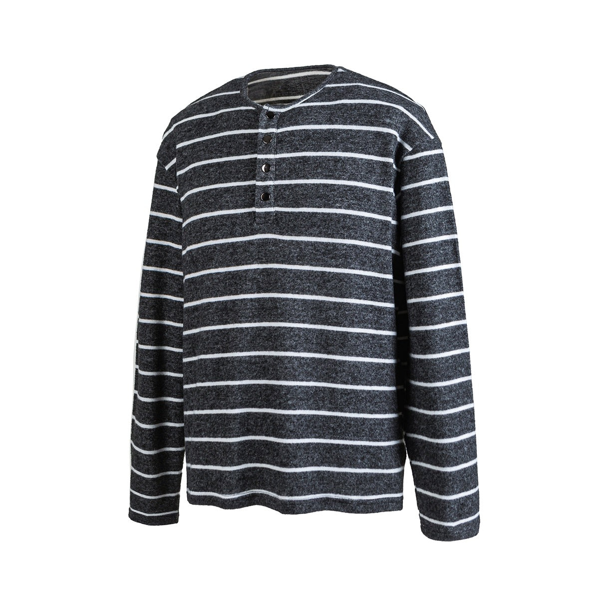 Front view of a charcoal gray long-sleeve shirt with thin white horizontal stripes, a crew neck, and a four-button placket.