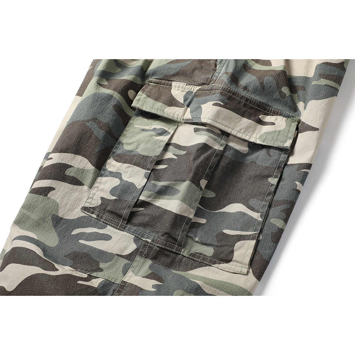 Close-up of a large flap cargo pocket on camouflage pants.