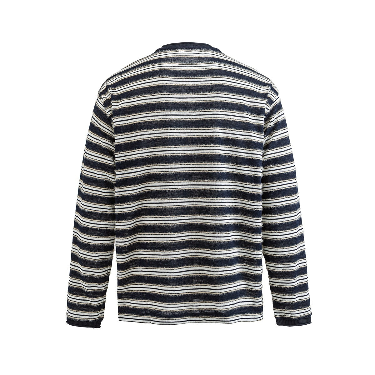 Back view of a black long-sleeve crew-neck sweater with cream horizontal stripes and dark ribbed cuffs.