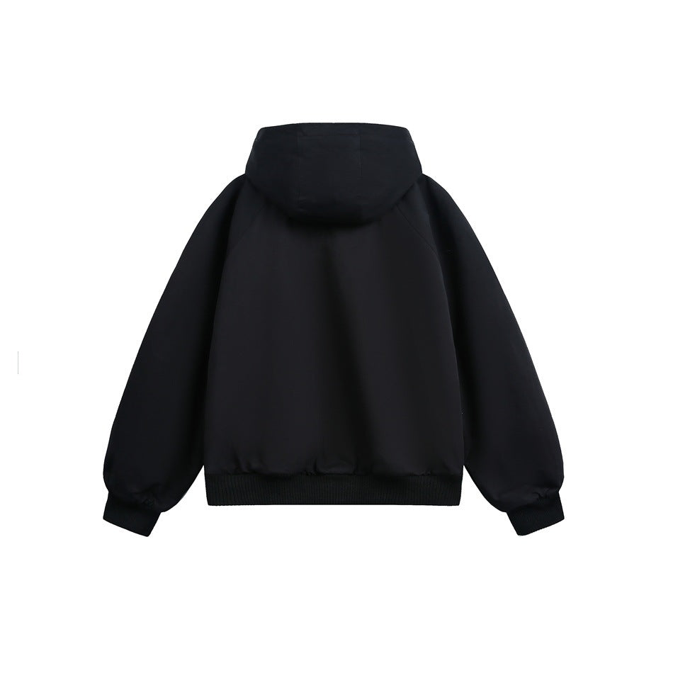Back view of a black hooded jacket with smooth fabric and ribbed cuffs and hem.