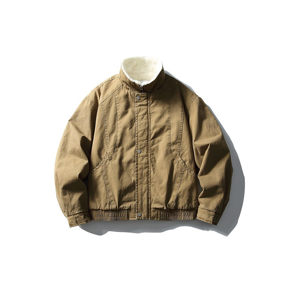 Khaki stand-collar jacket flat lay with cream fleece-like collar, snap placket, slanted pockets and ribbed hem