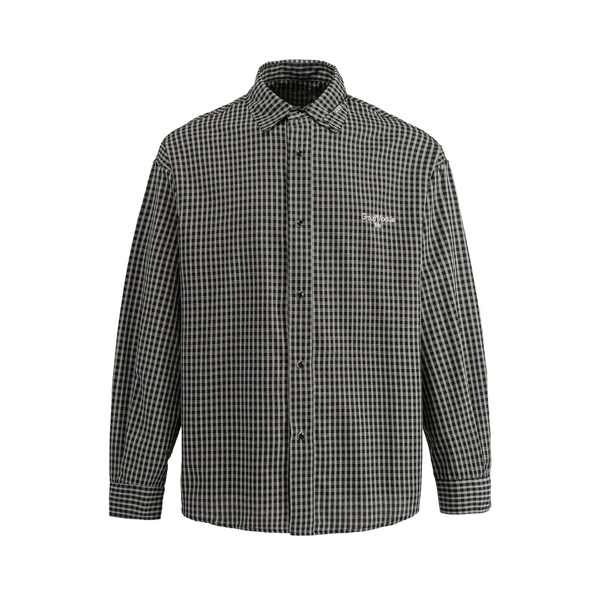 Black and white small-check long-sleeve snap-button shirt with pointed collar and embroidered chest text, front view