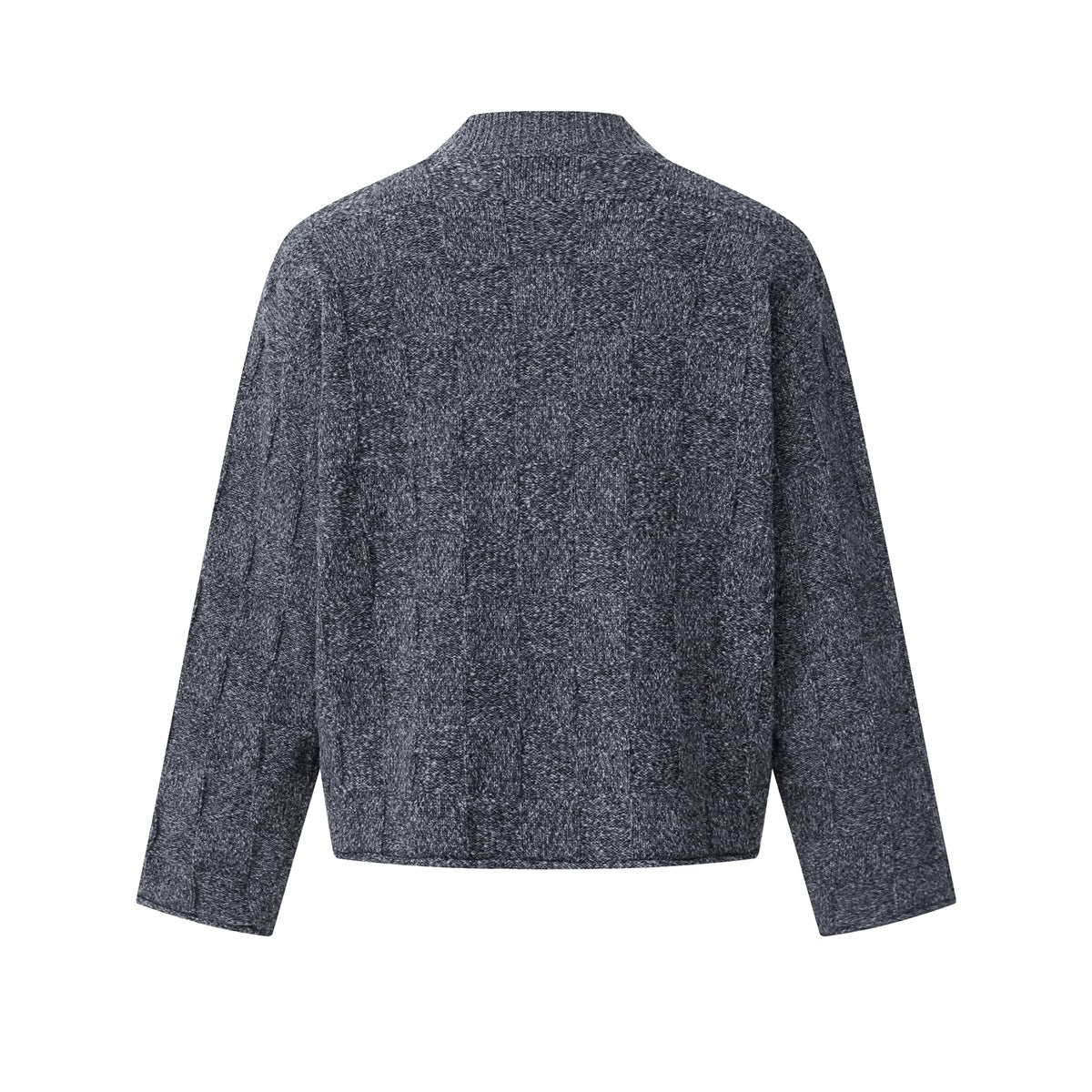 Back view of a charcoal gray long-sleeve knit cardigan with a stand collar and subtle textured pattern.