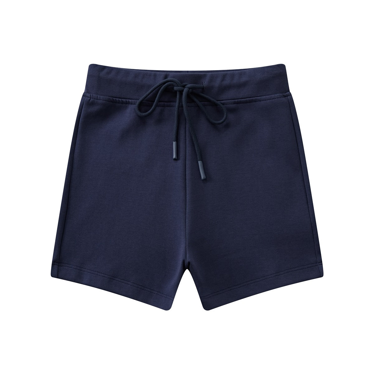Navy blue drawstring shorts with a wide waistband, flat front view