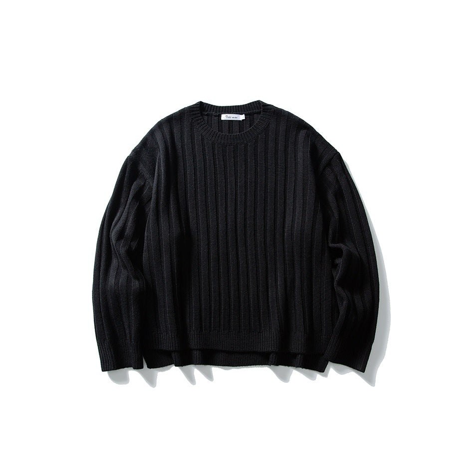Black wide-rib crew-neck knit sweater flat lay, front view