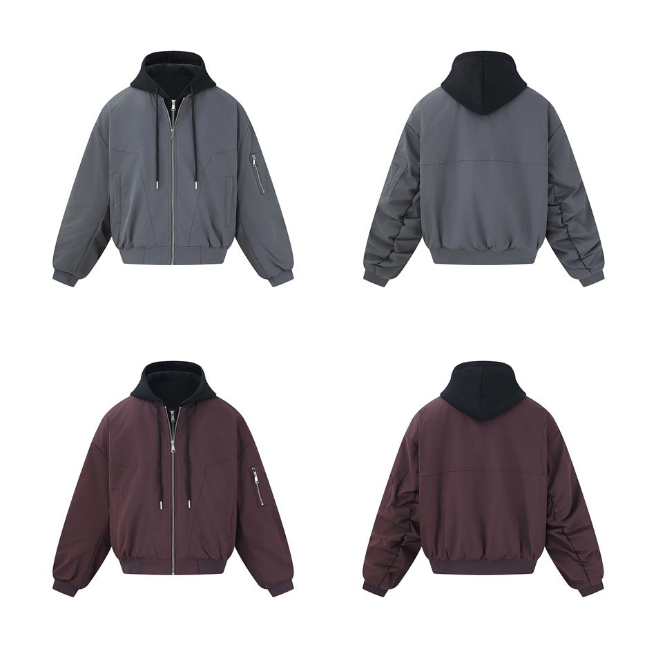Front and back views of the gray and burgundy hooded bomber jackets, showing ruched sleeves and back seam