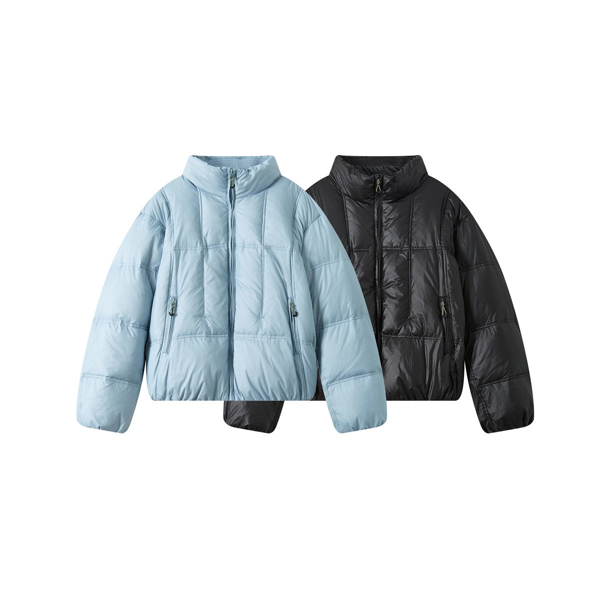 Two front views of a short puffer jacket with a tall collar and zip pockets, in pale blue and black.