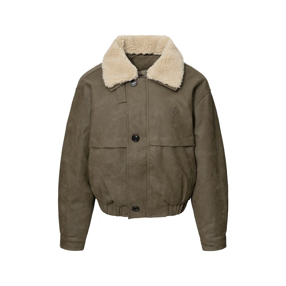 Brown-green faux-leather-look bomber jacket with cream fleece-like collar, front view on white background