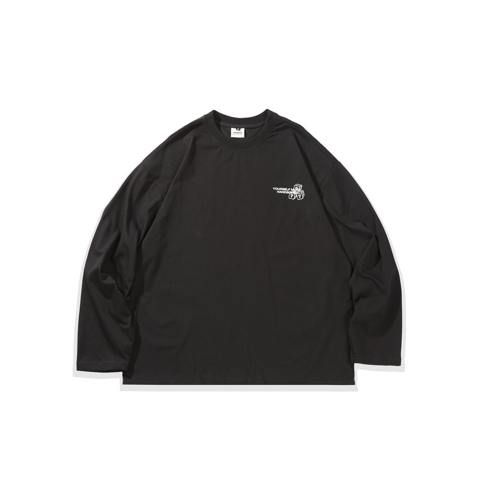 Flat lay of a black long-sleeve crew-neck shirt with a small white chest graphic.