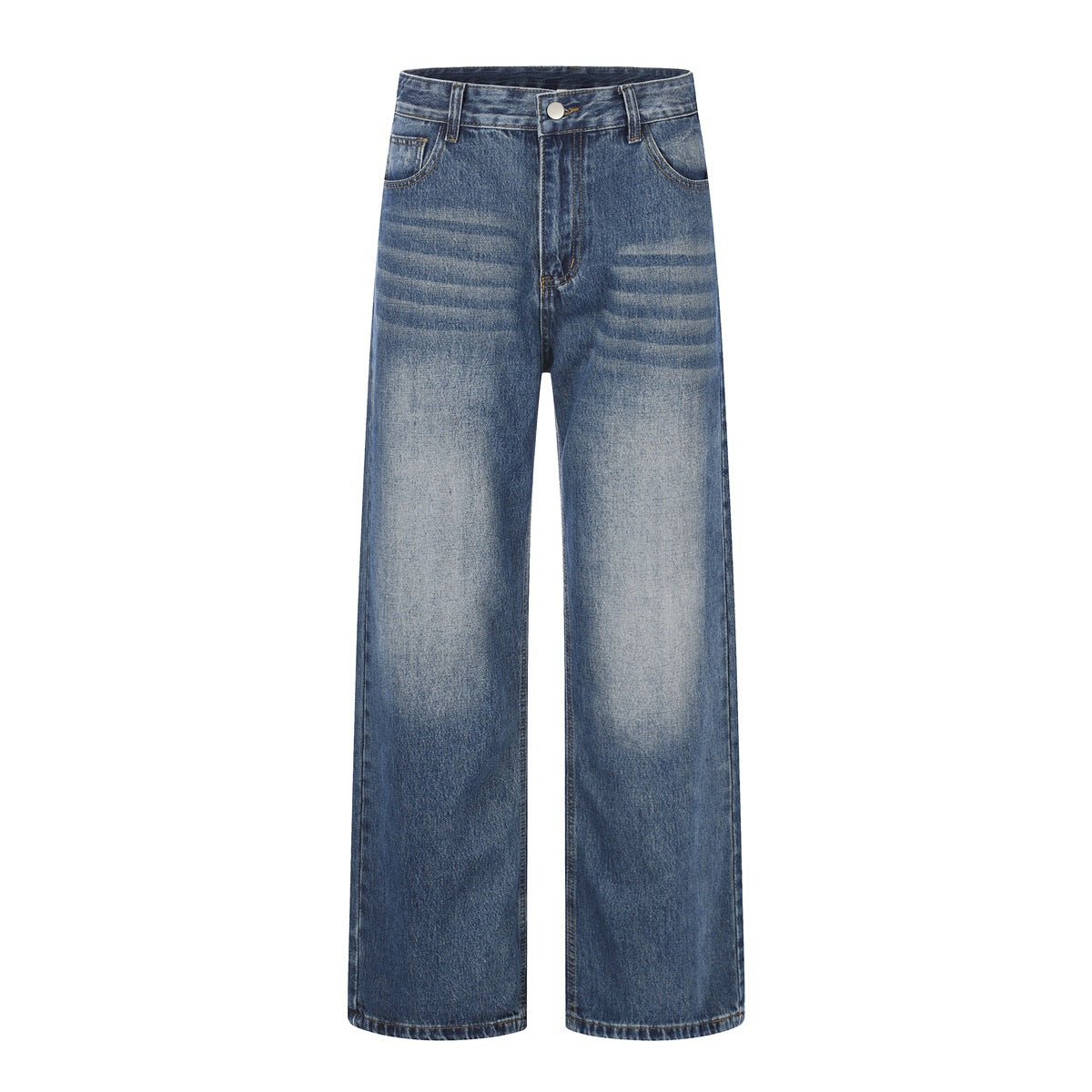 Front flat view of blue faded straight-leg jeans with whiskering and button fly