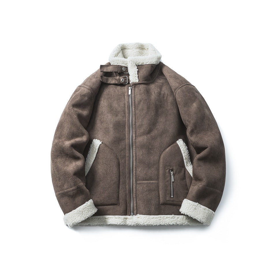 Brown jacket displayed flat against a white background, with cream fleece trim, front zipper and buckle collar.