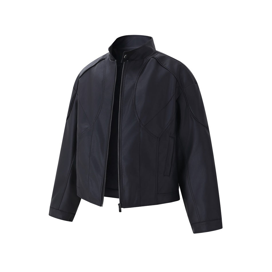 Front view of a black jacket with a stand collar, zip closure, shaped stitched panels, and long sleeves.