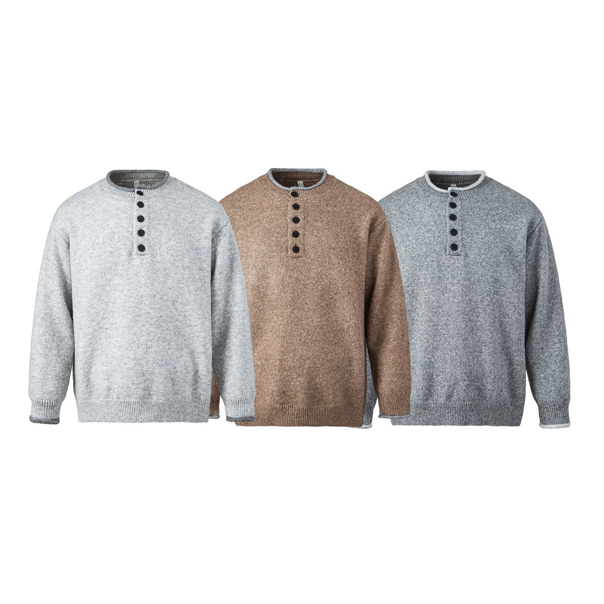 Three long-sleeve knit sweaters shown from the front in light gray, brown, and dark gray, each with a button placket.