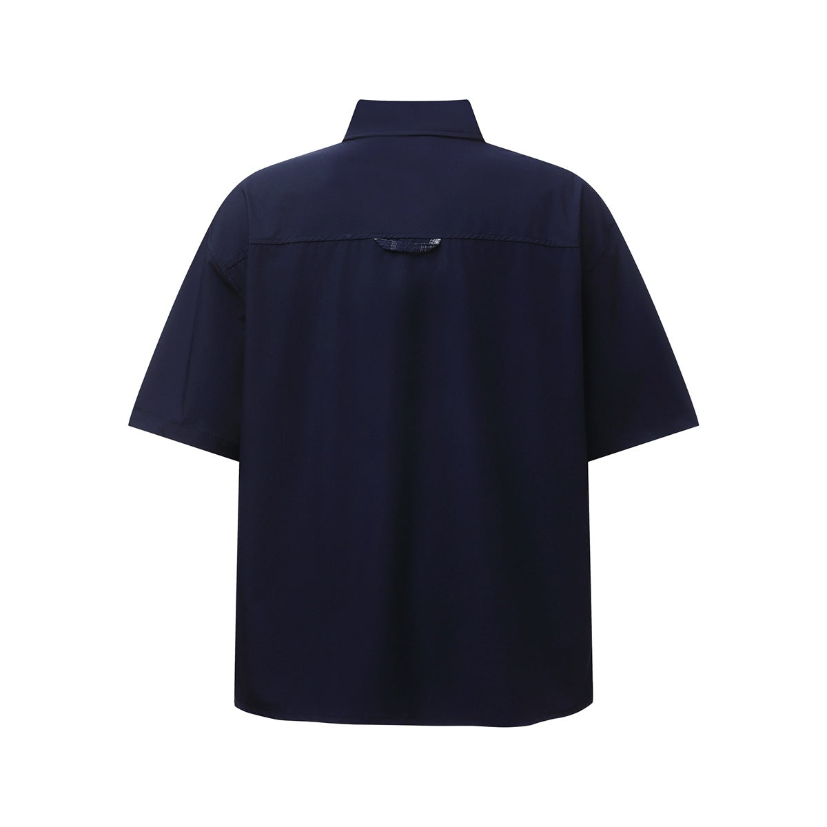 Back view of a plain navy short-sleeve button-up shirt with a pointed collar and shoulder yoke.