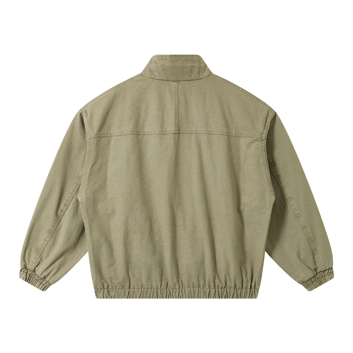 Back view of an olive-khaki jacket with a stand collar, shoulder yoke and elastic cuffs and hem.