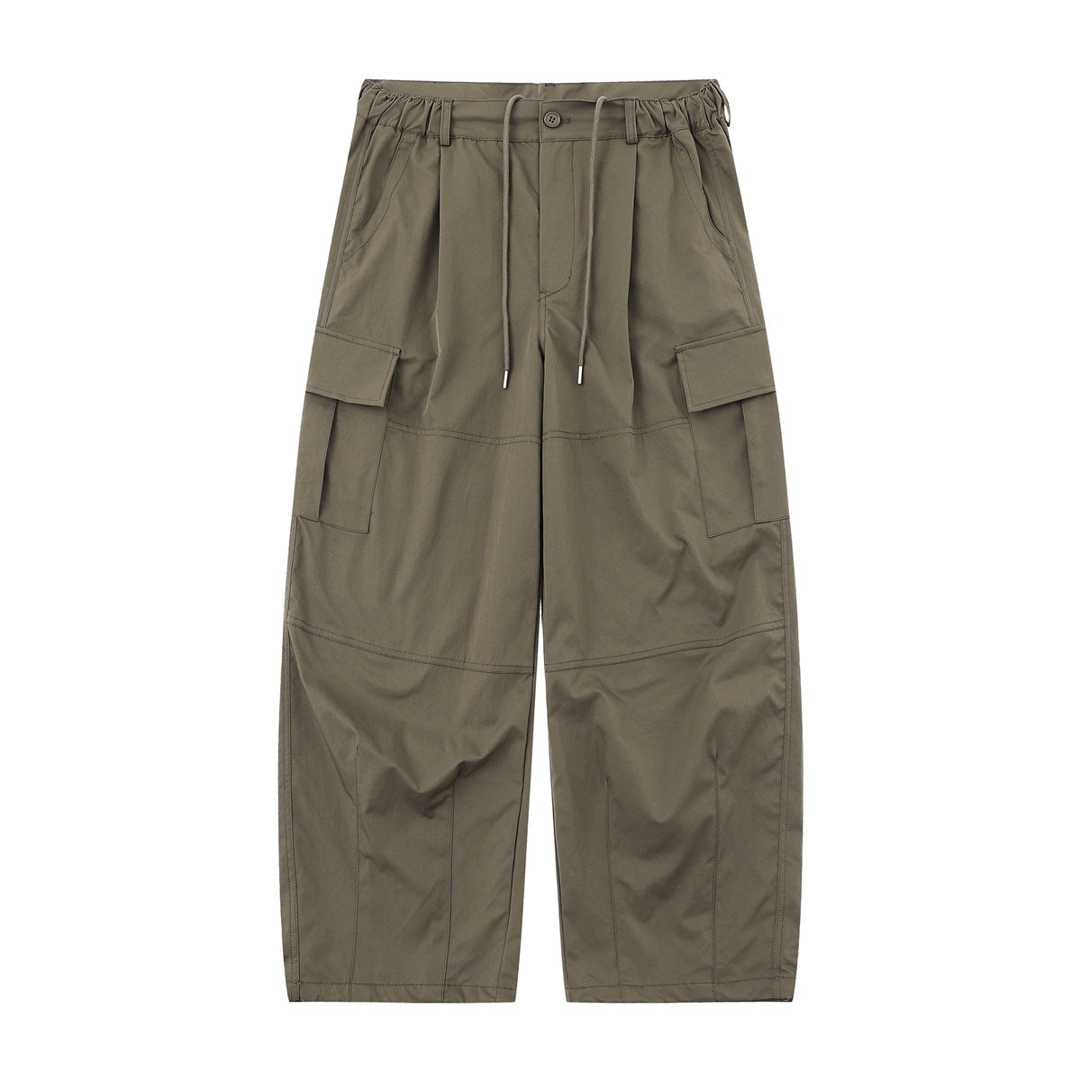 Olive green wide-leg cargo pants with drawstring waist, flap cargo pockets and knee seams, flat lay front view