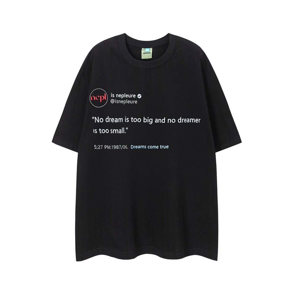 Black short-sleeve crew-neck T-shirt with white printed quote graphic on the chest, flat lay front view