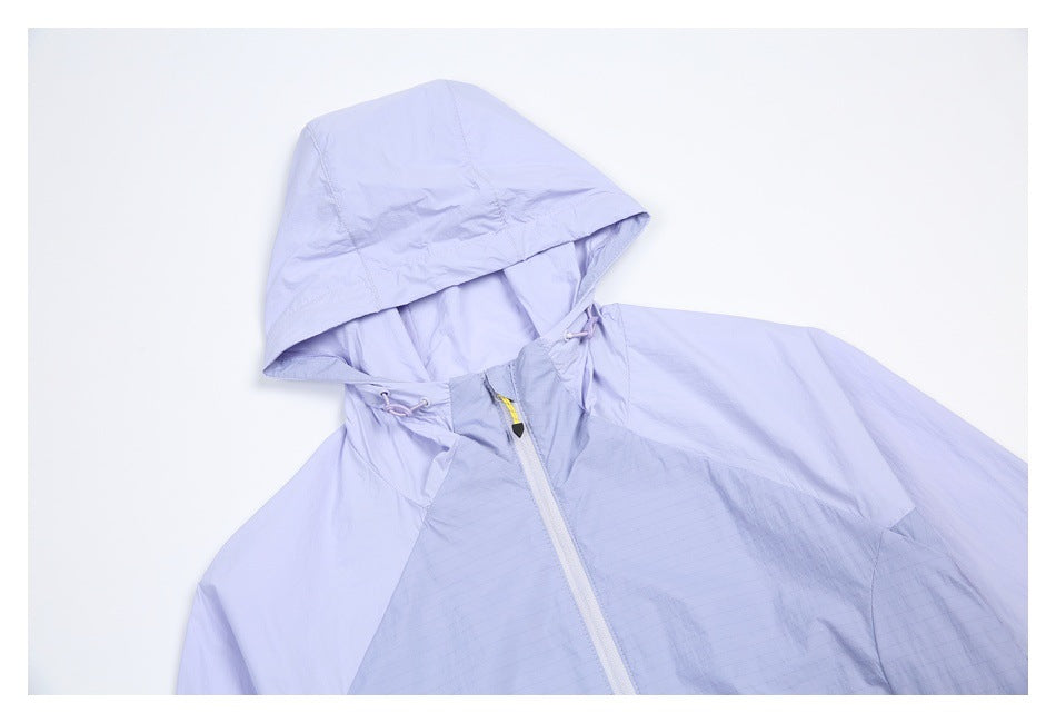 Upper front of a lavender hooded jacket, showing the hood, drawcords, and front zipper.