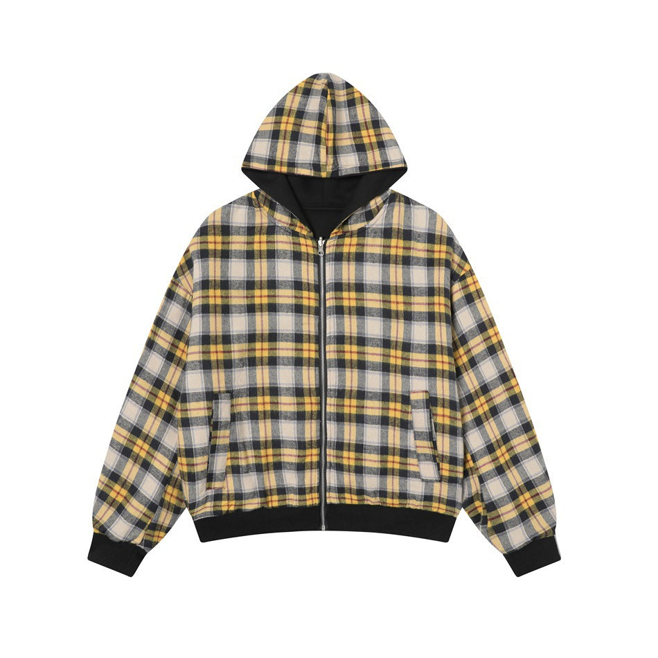 Front view of a zip-up hoodie with a yellow, cream, and dark plaid pattern, black hood lining, cuffs, and hem.